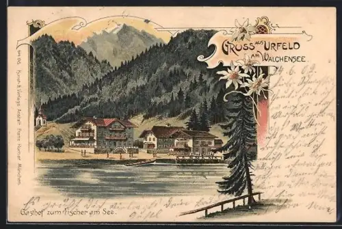 Lithographie Urfeld am Walchensee, Gasthof zum Fischer am See, Seeansicht, Berge