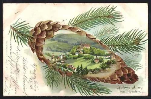 Passepartout-Lithographie Schwarzburg, Blick vom Trippstein auf Schloss und Ort