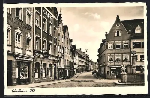 AK Weilheim /Obb., Konditorei Krönner, Brunnen am Marktplatz