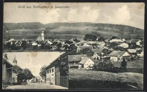 AK Rettenbach b. Biessenhofen, Ortsansicht, Kirche, Strassenpartie