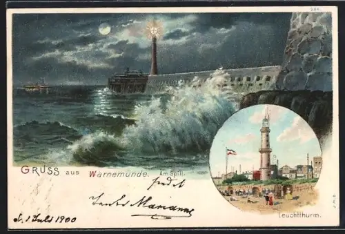 Lithographie Warnemünde, Am Spill, Leuchtturm