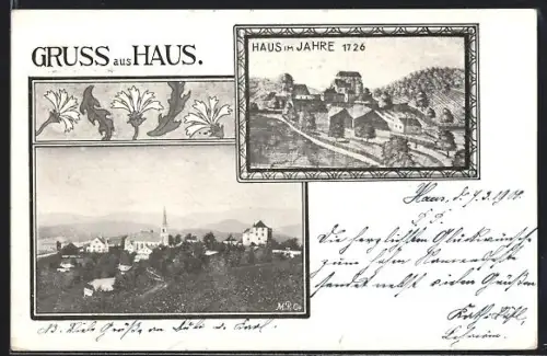 AK Haus, Ortsansicht, Kirche, Haus im Jahre 1726