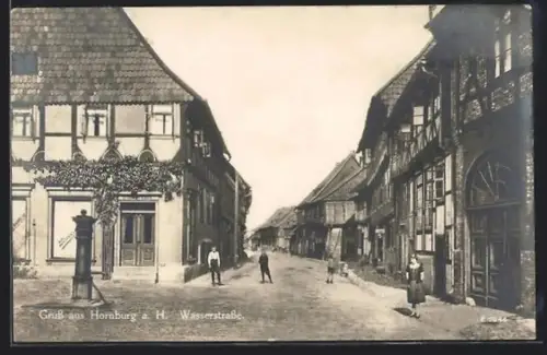 AK Hornburg a. H., Wasserstrasse mit Geschäft Koch, Hydrant, Fachwerkhäuser