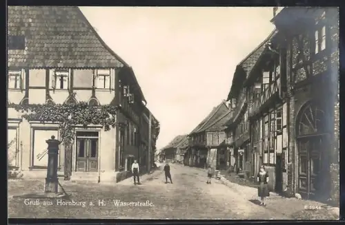 AK Hornburg a. H., Wasserstrasse, Panorama mit Geschäft Koch, Hydrant, Fachwerkhäuser
