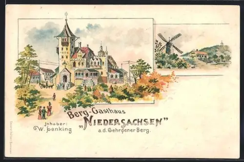 Lithographie Gehrden / Hannover, Berg-Gasthaus Niedersachsen von W. Henking, Windmühle