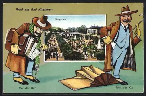 AK Bad Kissingen, Kurgarten, Vor der Kur-Nach der Kur!