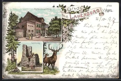 Lithographie Stecklenberg, Gasthaus zur Lauenburg, Ruine der Lauenburg, Hirsch