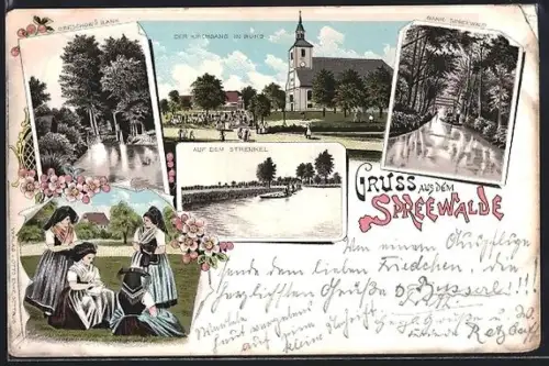 Lithographie Burg /Spreewald, Der Kirchgang, Greschow`s Bank, auf dem Strenkel