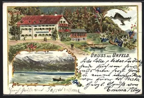 Lithographie Urfeld / Walchensee, Gasthaus Urfeldsläger am See, Walchensee und Karwendel-Gebirge