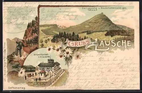 Lithographie Waltersdorf / Lausitz, Lausche, Bergwirtschaft, Post & Telegraphen Stelle