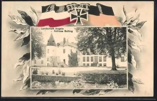 Passepartout-AK Gelting /Landschaft Angeln, Schloss Gelting, Fahnen des Zweibunds mit Lorbeer u. Eis. Kreuz