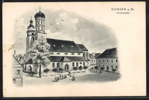 Künstler-AK Eugen Felle: Giengen a. Br., Kirchenplatz mit Kirchgängern aus der Vogelschau