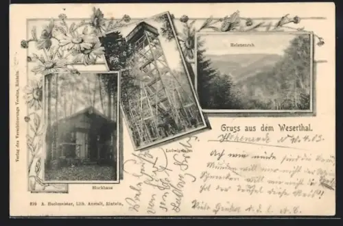AK Exten /Wesertal, Blockhaus, Helenenruh, Ludwigsturm, Blumen