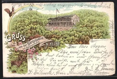 Lithographie Bentherberg, Gaststätte Bergquelle H. Hecht aus der Vogelschau, Rehe, Eichhörnchen, Turm