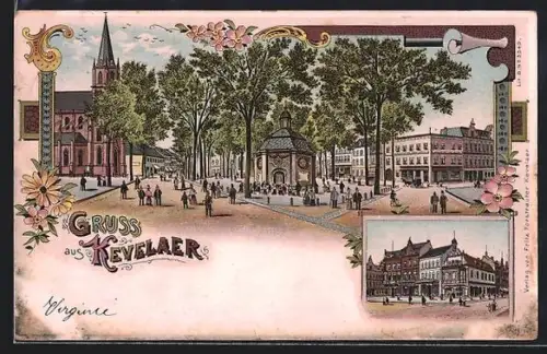 Lithographie Kevelaer, Ortspartie mit Kapelle u. Kirche, Strassenpartie mit Ziergiebel-Gebäuden