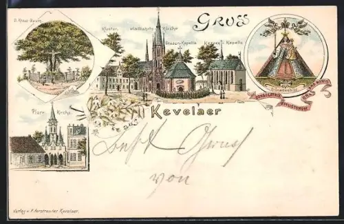 Lithographie Kevelaer, Kreuz-Baum, Kloster mit Kirche u. Kapellen, Gnadenbild