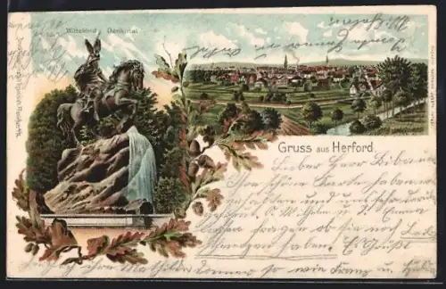 Lithographie Herford, Wittekind-Denkmal mit Wasserfall u. Eichenlaub, Gesamtansicht mit Kanal