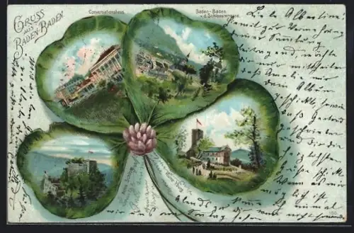 Passepartout-Lithographie Baden-Baden, Altes Schloss, Conversationshaus, Ruine Yburg, Stadtansicht von Schlossterrasse