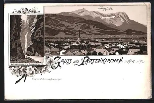 Lithographie Partenkirchen, Totalansicht mit Bergpanorama, Partnachklamm
