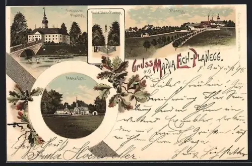 Lithographie Planegg, Ortspanorama, Schloss, Mariensäule, Maria Eich