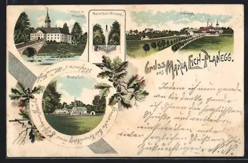 Lithographie Planegg, Schloss, Panorama, Maria Säule