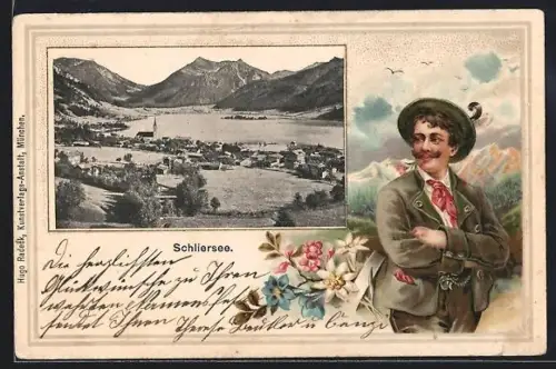 Passepartout-Lithographie Schliersee, Totalansicht mit See, Jüngling in Tracht, Bergblumen