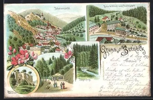 Lithographie Bad Berneck, Bube's Hotel-Restaurant, Ruine Wallenrot und Jägersteg