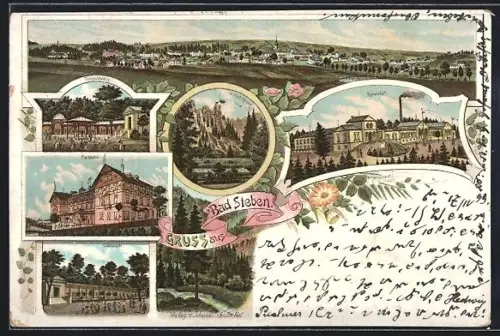 Lithographie Bad Steben, Parkhotel, Colonnade, Kuranstalt, Ortspanorama