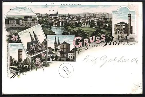 Lithographie Hof /Bay., Neuer Bahnhof, Rathaus, Labyrinth, Totalansicht