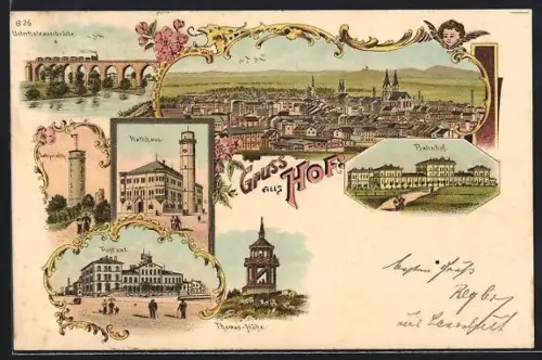 Lithographie Hof, Bahnhof, Rathaus, Postamt, Gesamtansicht