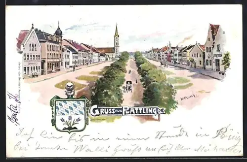 Künstler-AK Plattling, Strassenpartie mit Kirche, Geschäftshäusern u. Promenadenallee, Wappen