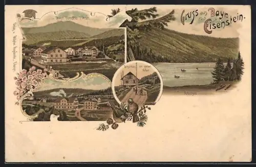 Lithographie Bayr. Eisenstein, Schutzhaus am Gr. Arber, Ortsansicht mit Arber, Seepartie