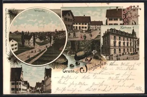 Lithographie Wörishofen, Hauptstrasse mit Gasthof Rössle, Gasthof Adler, Kurhaus