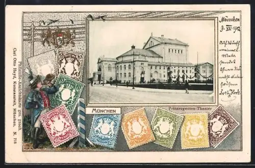 Passepartout-Lithographie München, Prinzregenten-Theater, Postillon mit Horn, Wappen, Briefmarken