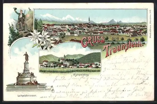 Lithographie Traunstein, Teilansicht, Ruhpolding, Luitpoldbrunnen