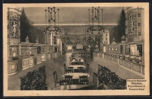 Künstler-AK München, Restaurant Bavaria-Automat im Bavaria-Haus, Bayerstrasse 15, Innenansicht