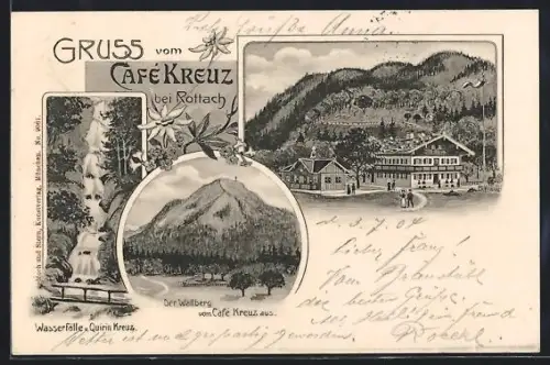 Künstler-AK Rottach, Cafe Kreuz, Wallberg, Wasserfälle v. Quirin-Kreuz