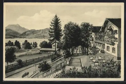 AK Gmund am Tegernsee, Gasthof Oberstöger mit Blick auf den See