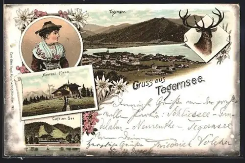 Lithographie Tegernsee, Ortsansicht, Cafe am See, Neureut-Haus