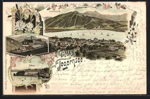 Lithographie Tegernsee, Schloss, Hirschberghaus, Boote