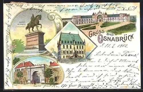 Lithographie Osnabrück, Central-Bahnhof, Heger-Thor, Rathaus