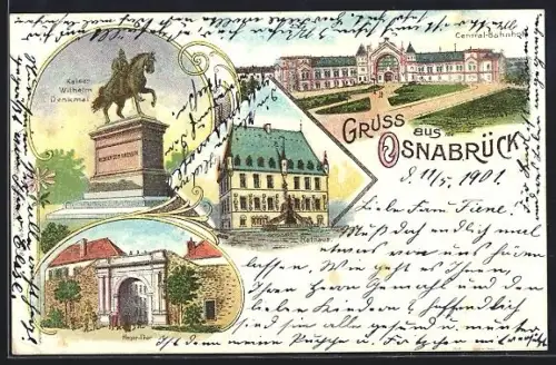 Lithographie Osnabrück, Heger-Thor, Central-Bahnhof, Kaiser Wilhelm-Denkmal