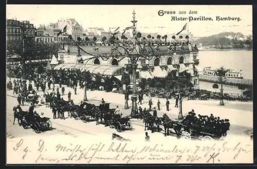 AK Hamburg-Neustadt, Alster-Pavillon, Pferdekutschen, Alsterschifffahrt