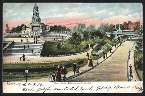 Lithographie Hamburg-St.Pauli, Bismarckdenkmal, Parkanlage, Spaziergänger