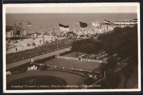AK Zinnowitz a. Usedom, Strand, Gartenanlage, Schwabe`s Hotel