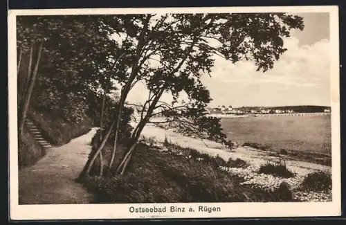 AK Binz a. Rügen, Strandpromenade und Blick auf den Ort
