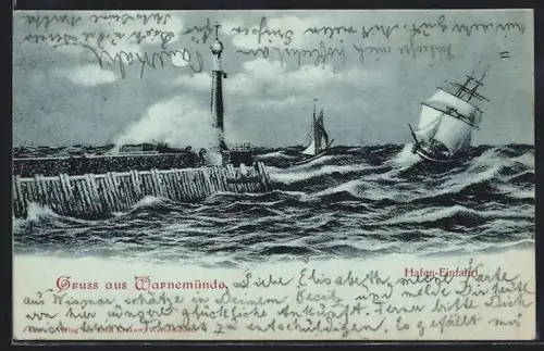 Mondschein-AK Warnemünde, Hafen-Einfahrt, Leuchtturm, Segelschiffe