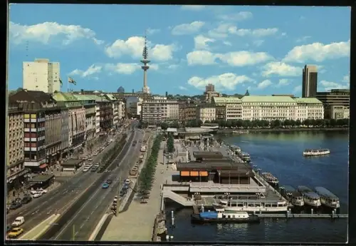 AK Hamburg, Jungfernstieg mit Fernsehturm u. Hamburg-Plaza aus der Vogelschau