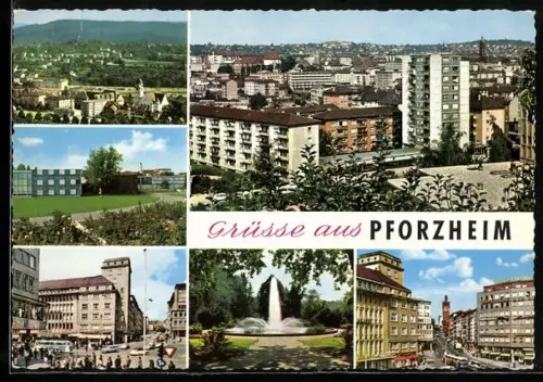 AK Pforzheim, Totalansicht mit Hochhaus und Wohnblöcken, Strassenpartie, Flachdach-Bauten