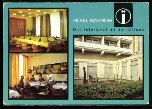 AK Rostock, moderne Architektur, Interhotel Warnow, Gastraum, Blumenanlagen